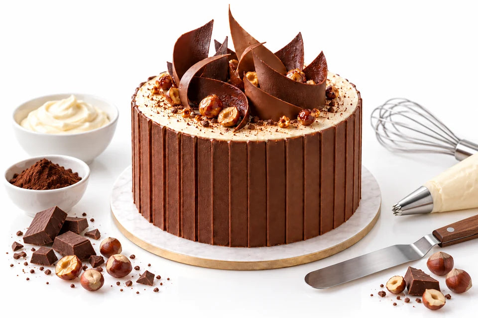 Tarta de chocolate con avellanas, acompañada de ingredientes y utensilios de pastelería sobre fondo blanco